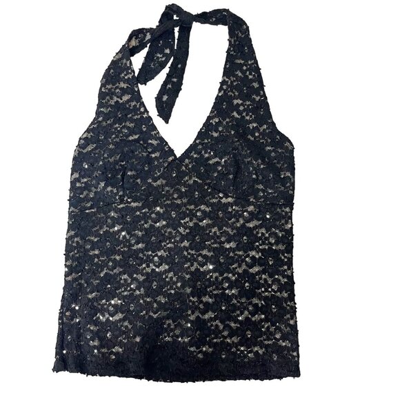 Vintage Y2K 90s Black Lace Sparkle Halter Top Joule - Size Medium - Picture 1 of 7